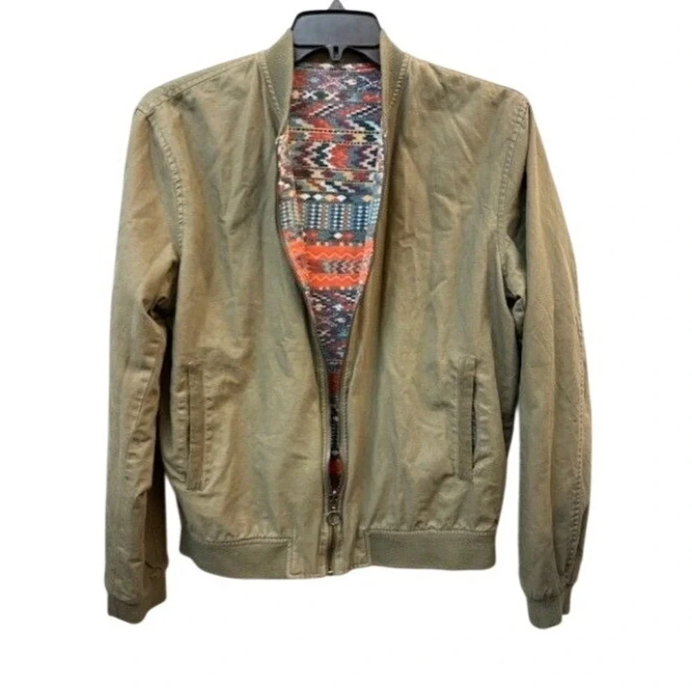 Zara Man XL Reversible Bomber Jacket Olive Green & Multicolor Aztec Pattern Poly